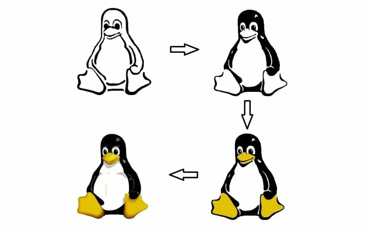 Pingwin, jakie zwierzę jest symbolem systemu operacyjnego Linux, ewoluuje od szkicu do pełnego kolorowego logo.