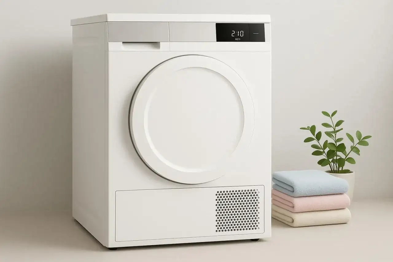 Biała suszarka do prania z panelem cyfrowym, obok stosik ręczników i roślina.