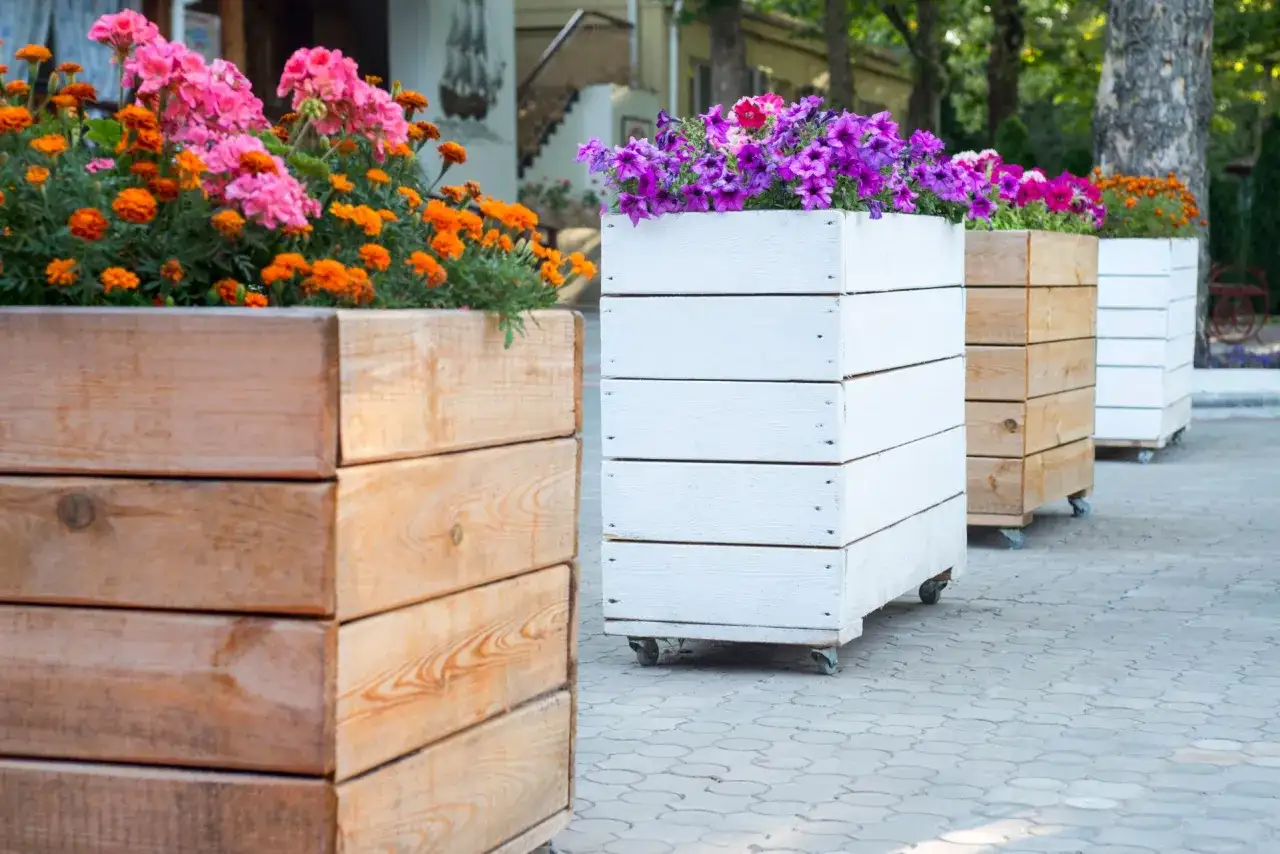 Drewniane skrzynie z kwiatami, idealne do ogrodu. Dowiedz się, jak zrobić donice ogrodowe, by stworzyć taką aranżację.