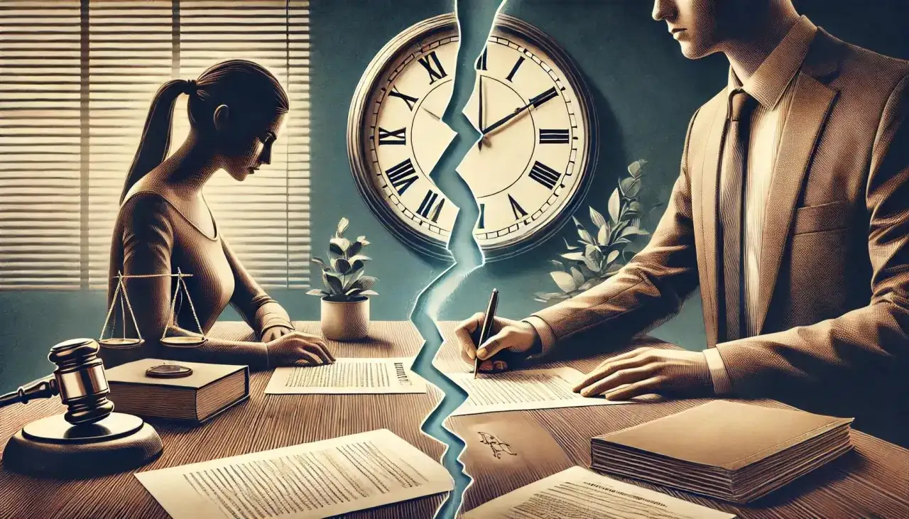 Para dowiedzieć się, jak sprawdzić termin rozprawy sądowej, spójrz na ten symboliczny obraz: zegar podzielony na pół, para przy stole z dokumentami i młotek sędziowski.