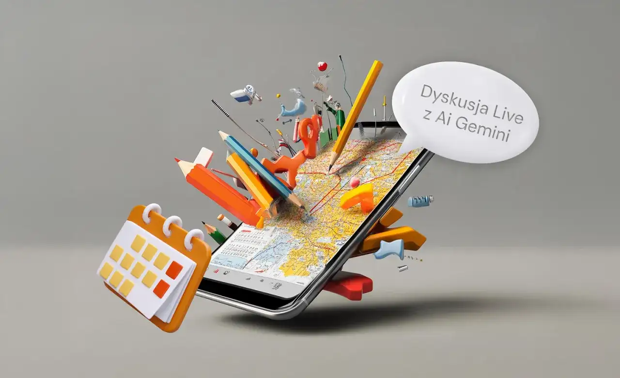 Telefon z mapą i ikonami symbolizującymi naukę. Dyskutuj z Ai Gemini, poznaj co to jest sztuczna inteligencja w telefonie.