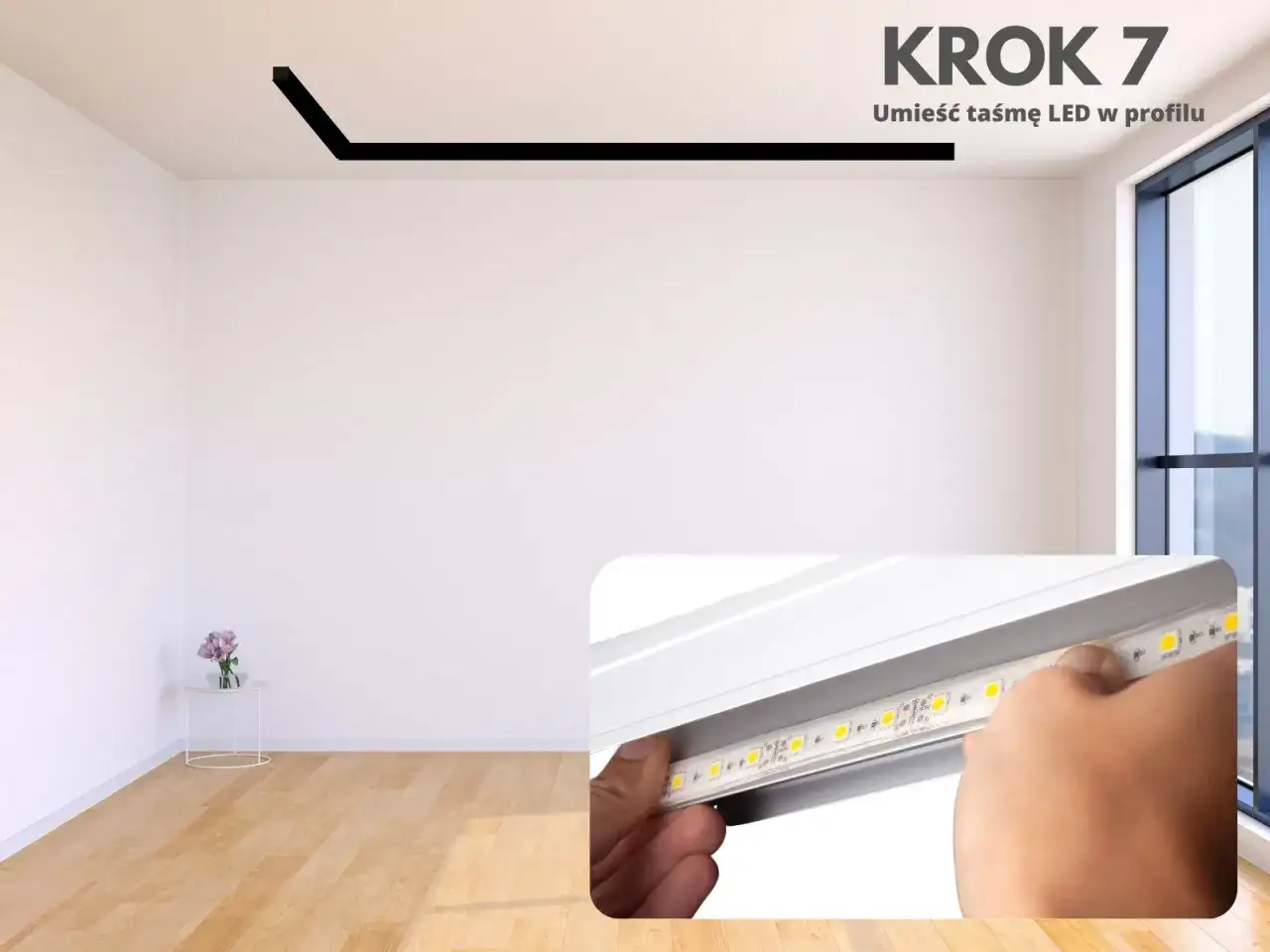 Krok 7: Umieść taśmę LED w profilu. Dłoń wsuwa taśmę LED do aluminiowego profilu, który jest zamontowany na suficie.