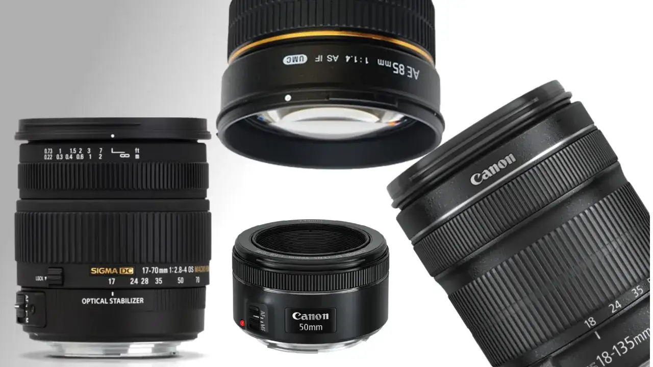 Kilka obiektywów fotograficznych, w tym Canon i Sigma, na białym tle.