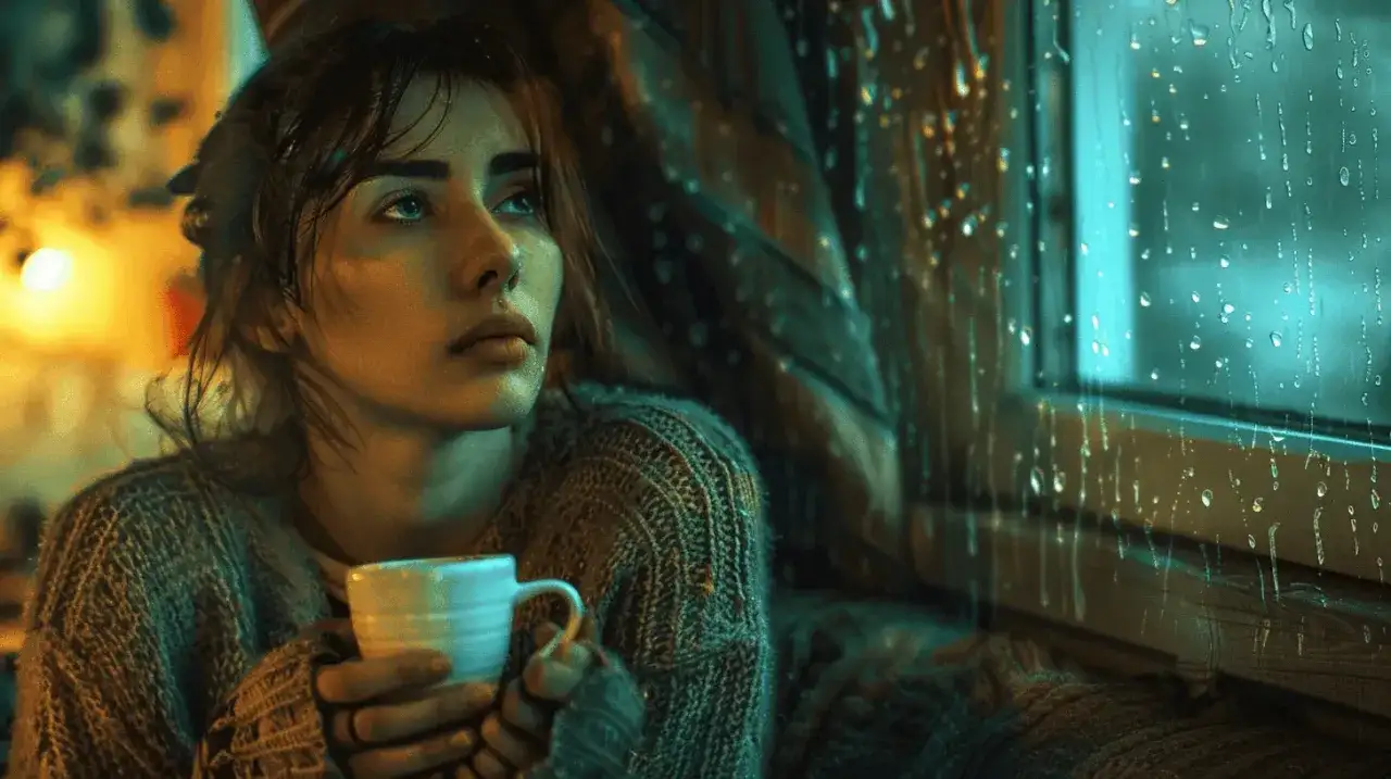 Smutna kobieta z kubkiem w dłoniach patrzy przez zapłakane okno. W deszczu szuka ukojenia, jak w cytatach o zdradzie.