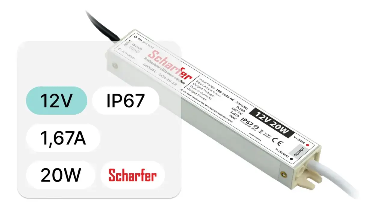 Profesjonalne zasilacze wodoodporne Scharfer 12V 20W, IP67, idealne do trudnych warunków.