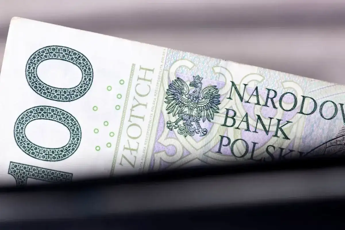 Fragment polskiego banknotu 100 zł z godłem orła i napisem Narodowy Bank Polski.