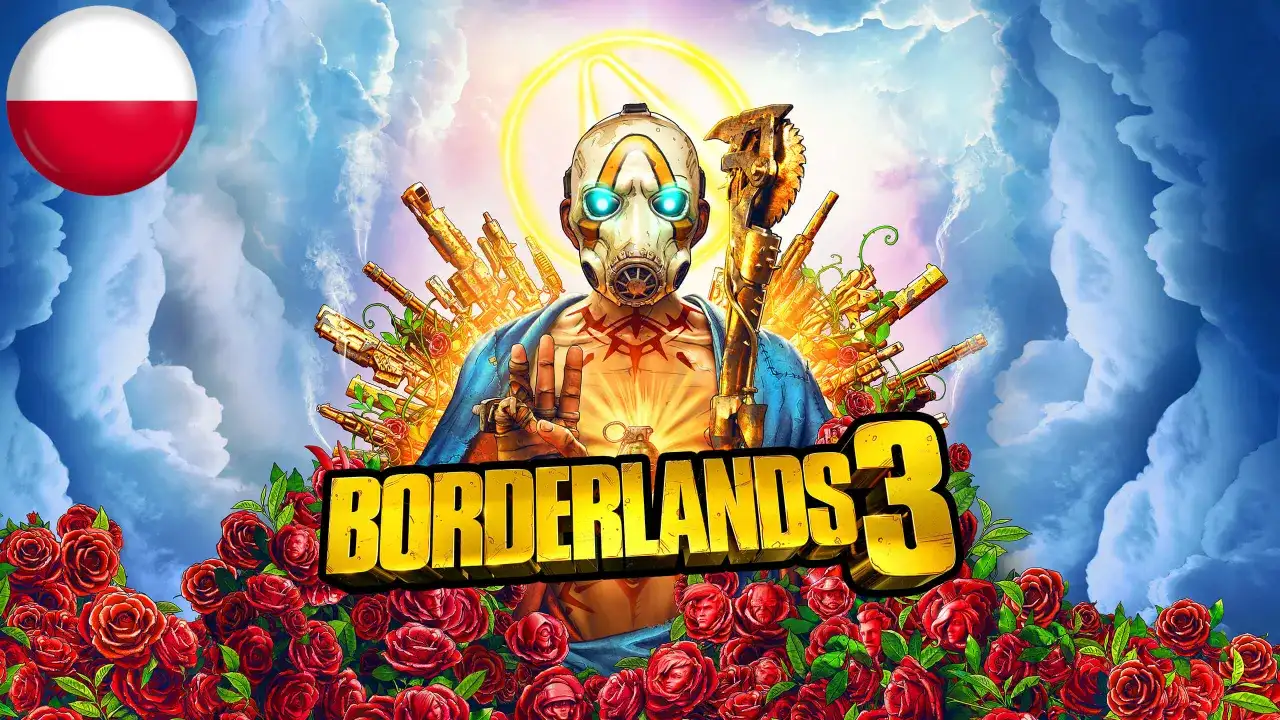 Psycho z Borderlands 3 otoczony bronią i różami. Flaga Polski sugeruje polskie spolszczenie gry.