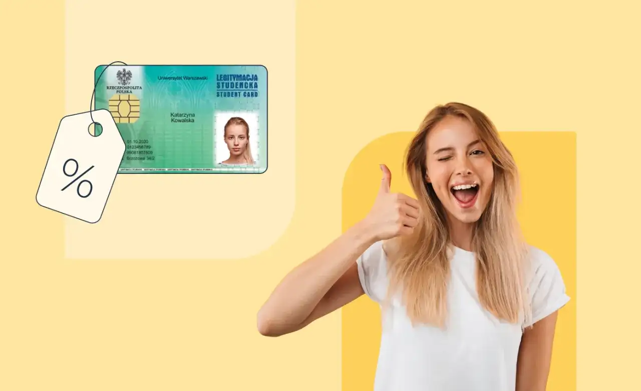 Legitymacja studencka z symbolem zniżki i uśmiechnięta kobieta pokazująca kciuk w górę.