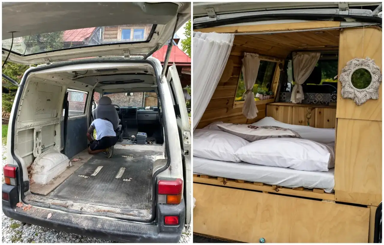 Przeróbka busa na kampera: pusta przestrzeń ładunkowa i gotowe wnętrze z łóżkiem.