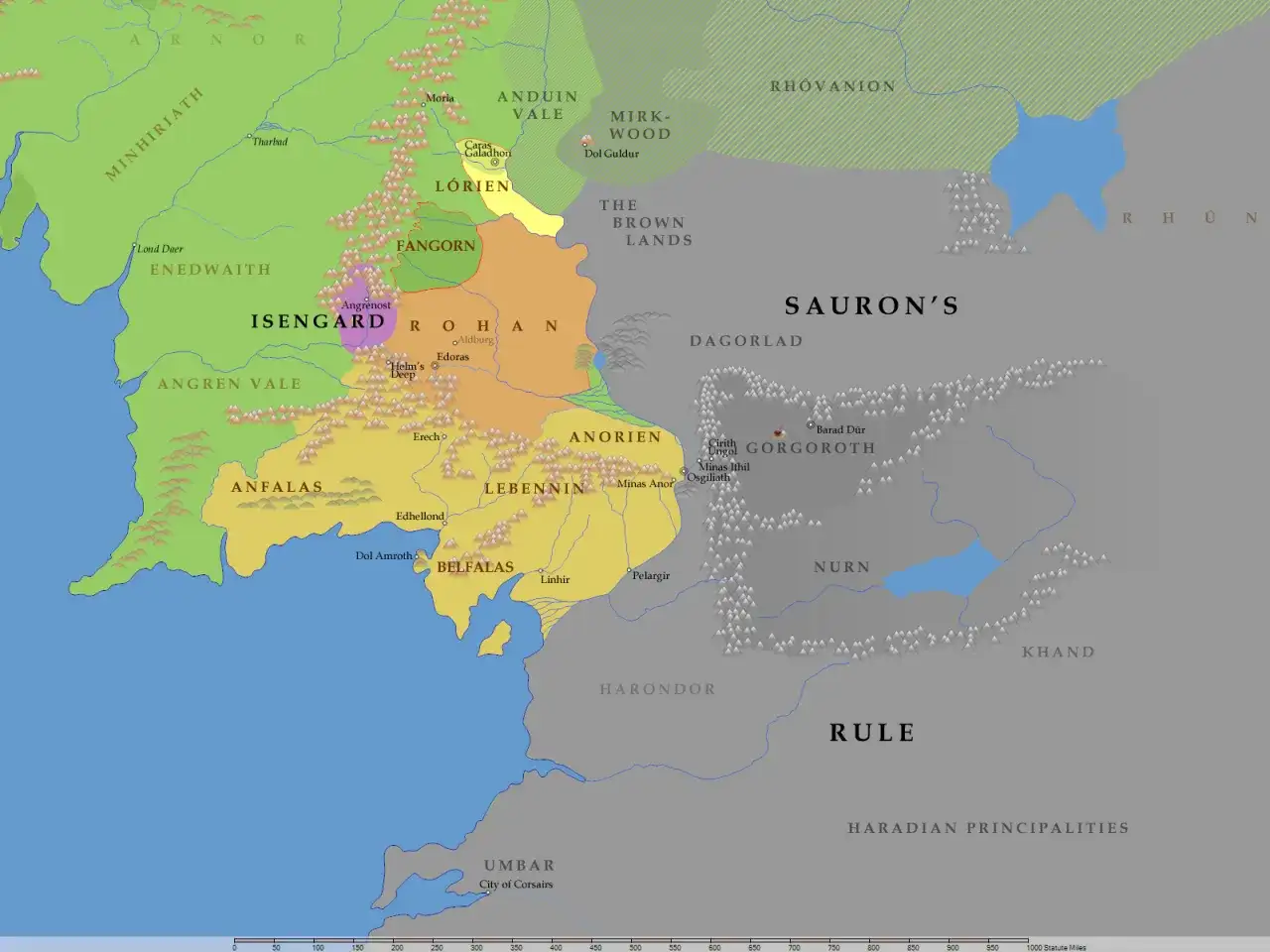 Mapa Śródziemia: gdzie był Gondor? Widzimy tu krainy takie jak Rohan, Mordor, Numenor, a także miasta jak Minas Tirith.