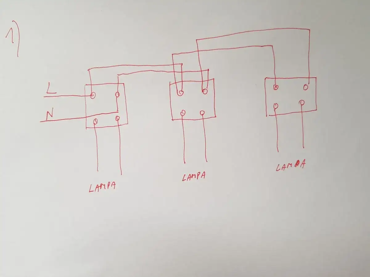 Schemat pokazuje, jak podłączyć lampy ogrodowe szeregowo. Linie L i N zasilają pierwszą lampę, a następnie połączenia przechodzą do kolejnych.