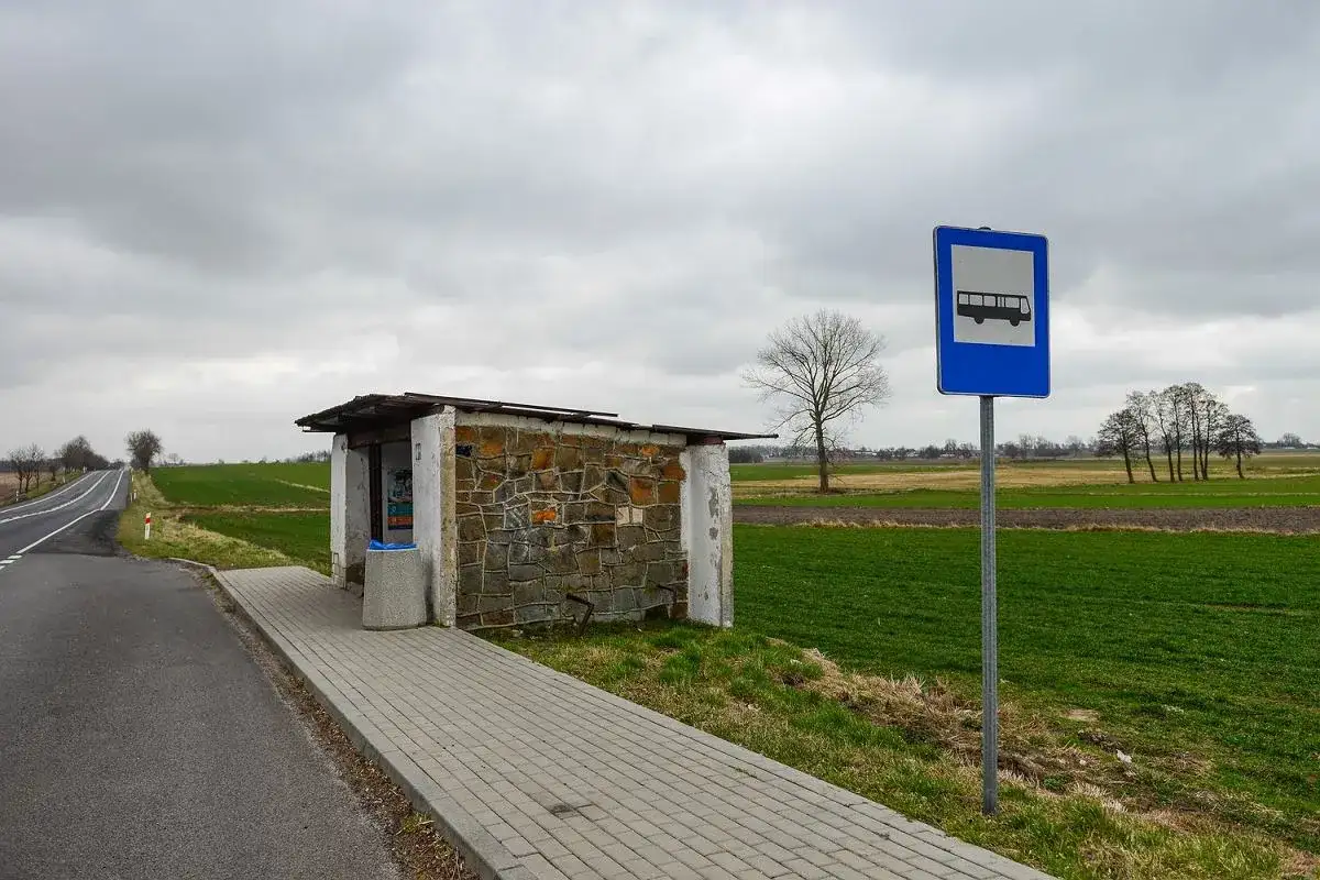 Przystanek autobusowy z wiatą i znakiem drogowym na tle pól i nieba.