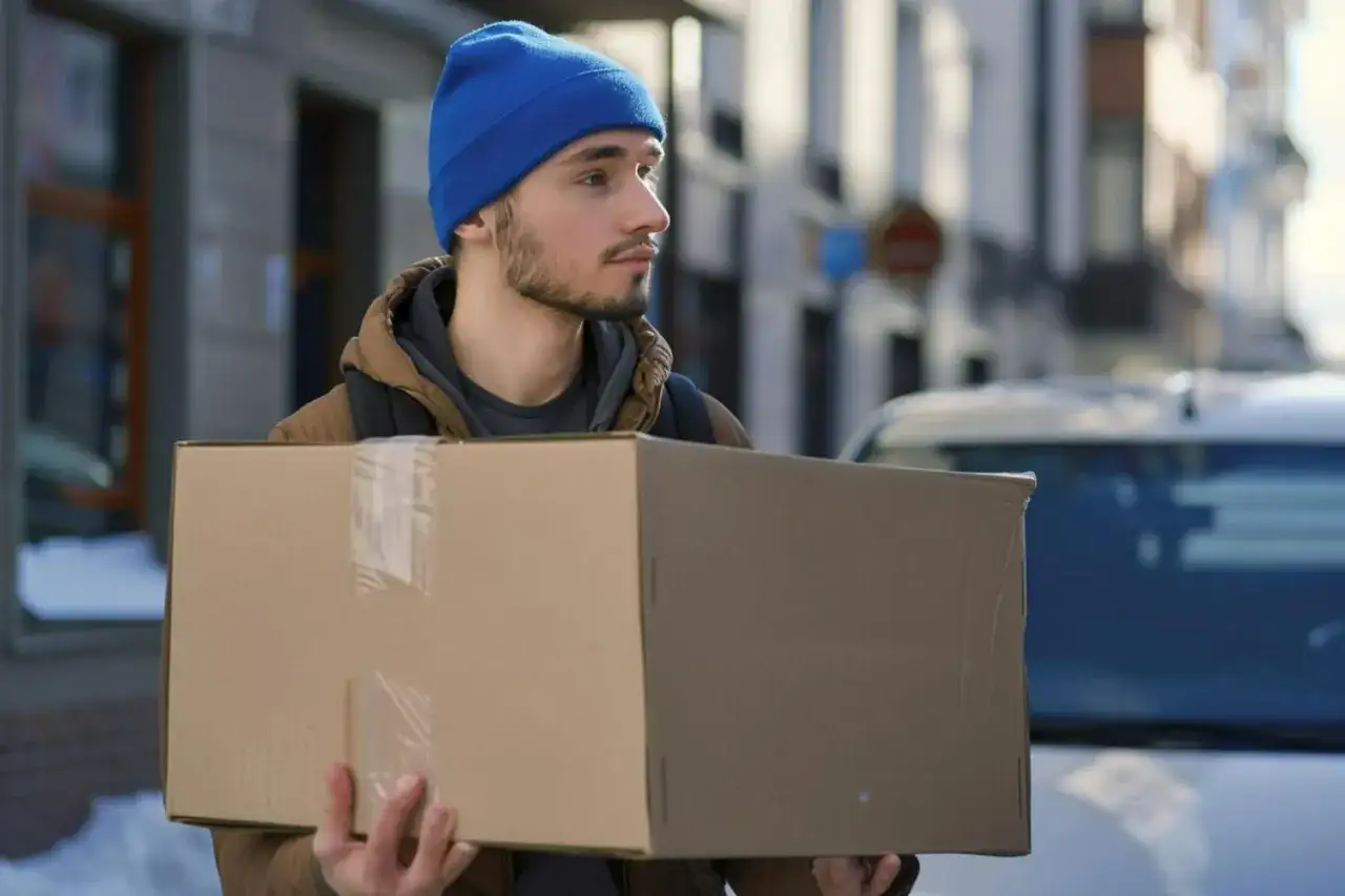 Kurier w niebieskiej czapce niesie paczkę na tle ulicy i samochodu.