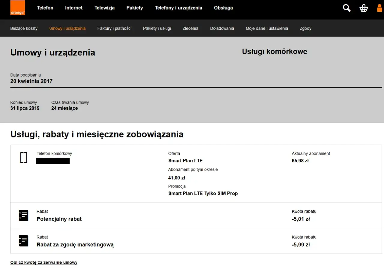 Szczegóły umowy Orange: data podpisania 20.04.2017, koniec umowy 31.07.2019. Sprawdź, jak uniknąć kary za zerwanie umowy.