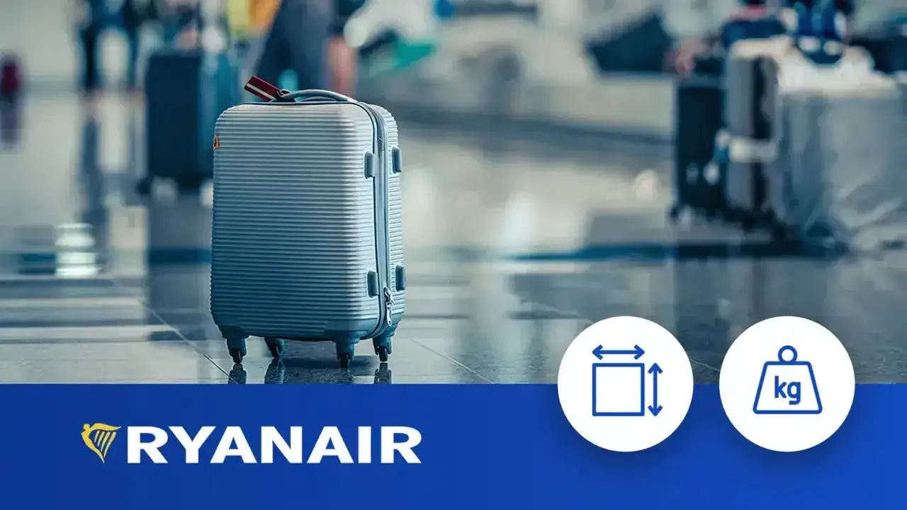 Szara walizka kabinowa Ryanair na lotnisku, gotowa do podróży. Ikony wskazują wymiary i wagę bagażu.
