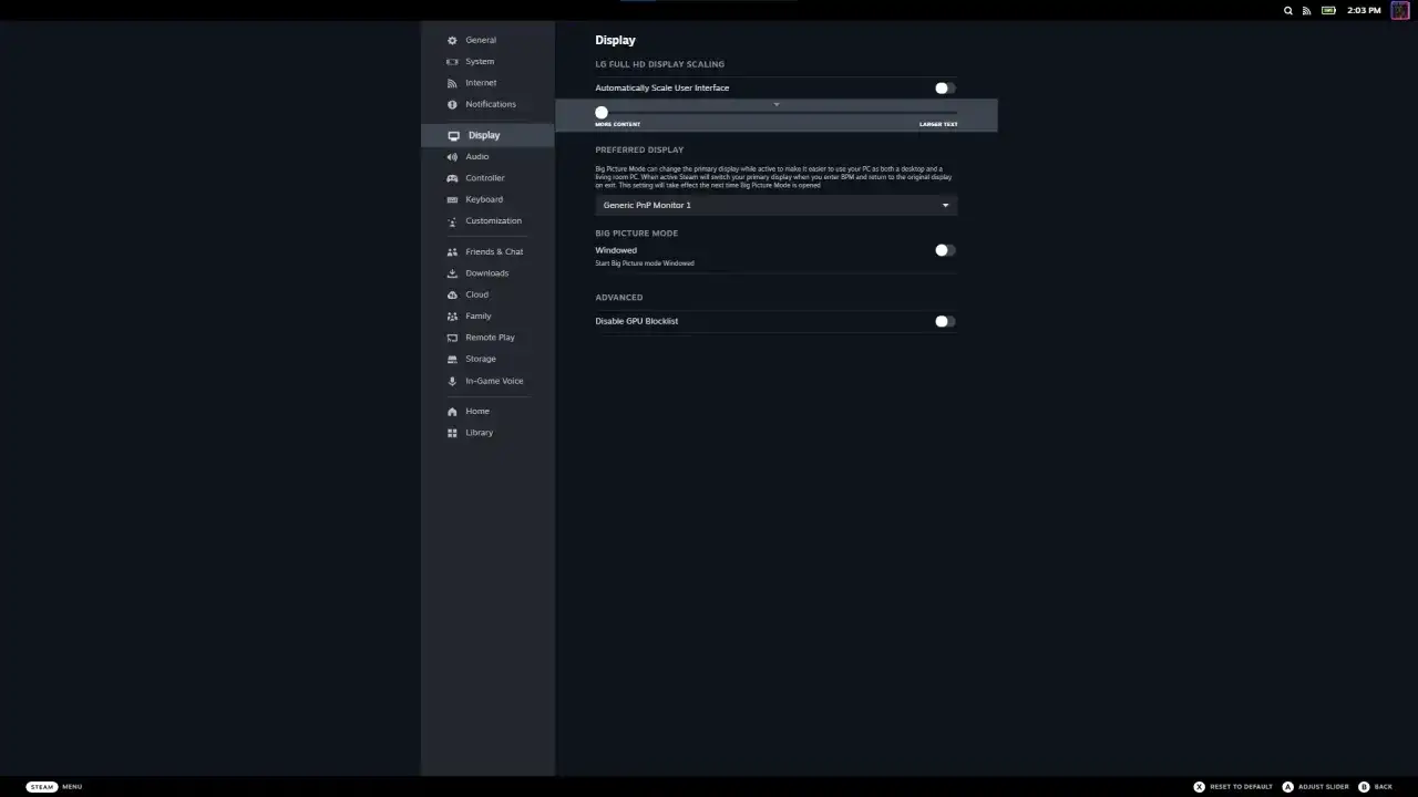 Ustawienia Steam: zakładka Wyświetlanie, opcja Big Picture Mode Windowed.