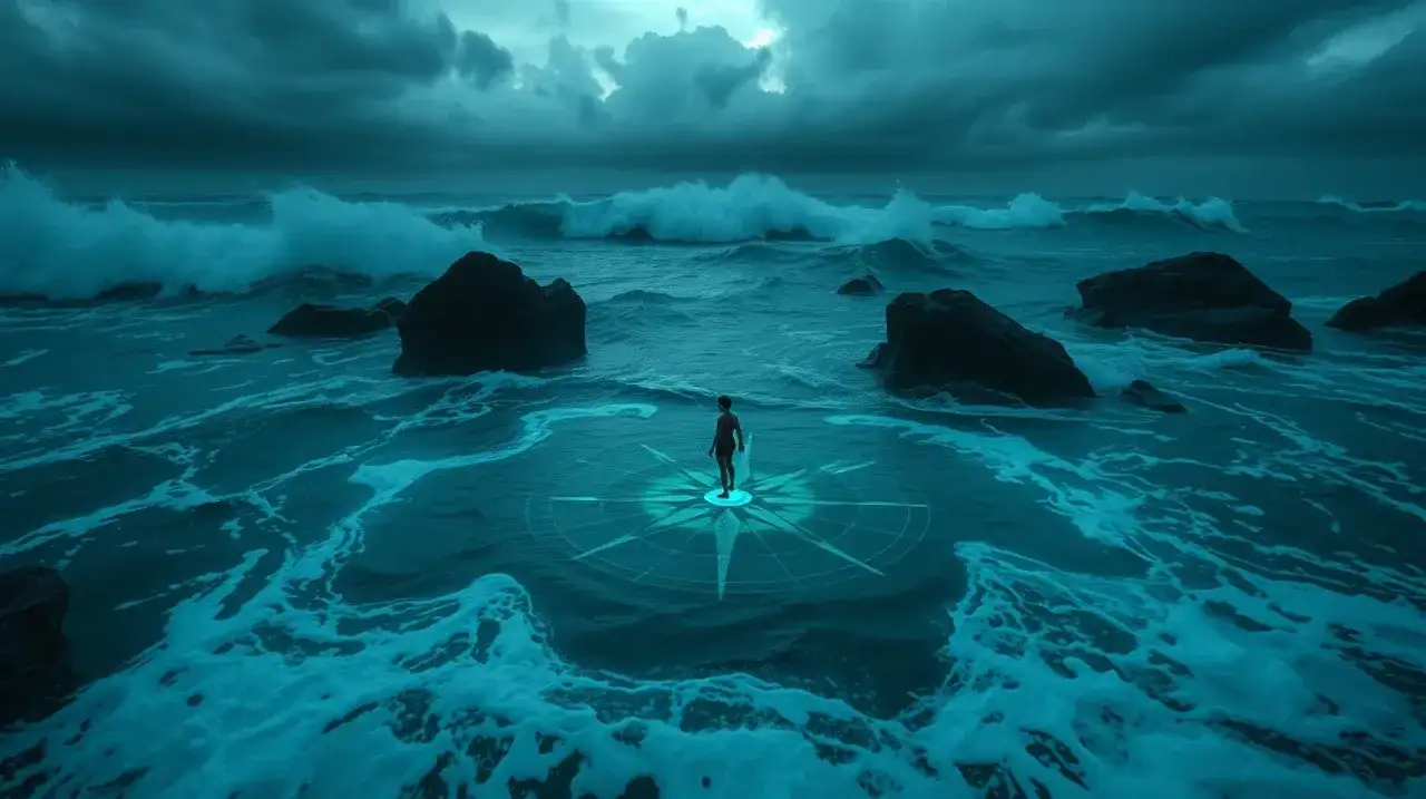 Samotna postać na kompasie na wzburzonym morzu pod burzowymi chmurami.