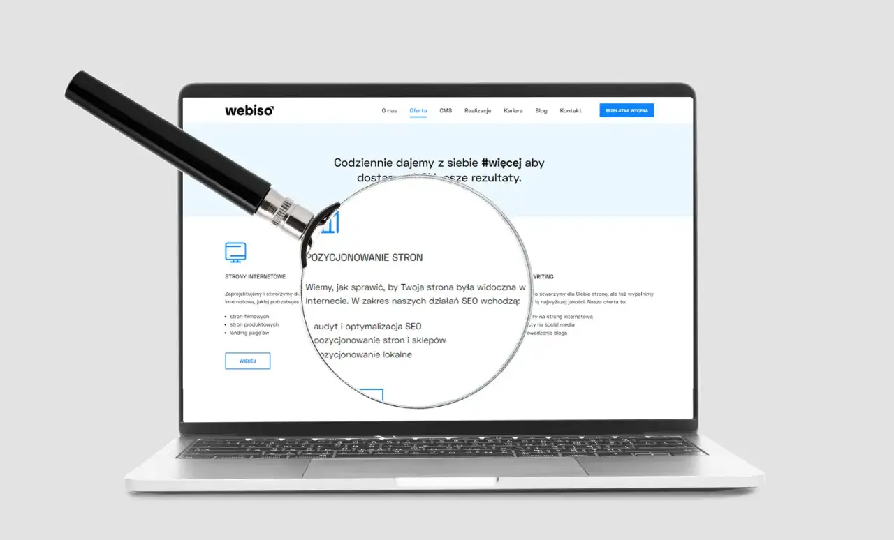 Lupa powiększa fragment strony internetowej firmy Webiso, pokazując usługi pozycjonowania stron. Dowiedz się, co to jest target w kontekście SEO.