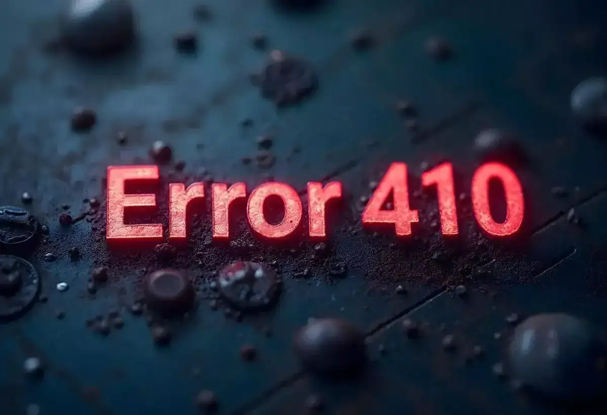 Czerwone, świecące litery "Error 410" na ciemnym, zniszczonym tle.