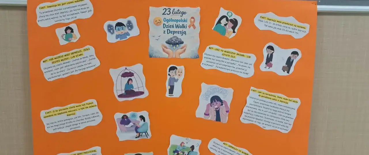 Plakat o depresji: fakty i mity. Ilustracje przedstawiają osoby zmagające się z najcięższymi chorobami psychicznymi, w tym z depresją.