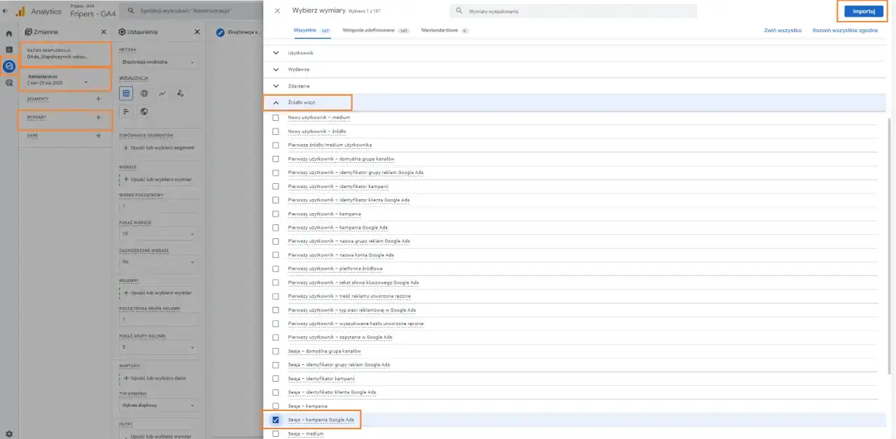 Wybór wymiaru "Sesja - kampania Google Ads" w eksploracji danych, aby analizować źródła ruchu i potencjalnie zmniejszyć bounce rate.