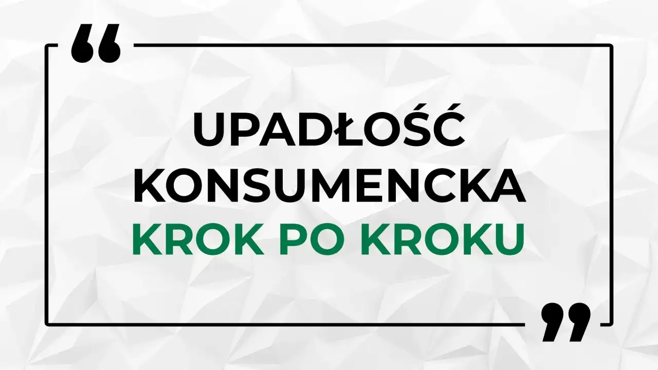 Grafika z tekstem "Upadłość konsumencka krok po kroku" na tle geometrycznym.
