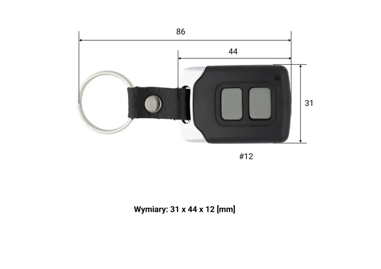 Kompaktowy pilot Somfy io z dwoma szarymi przyciskami, na breloczku. Wymiary: 31x44x12 mm.