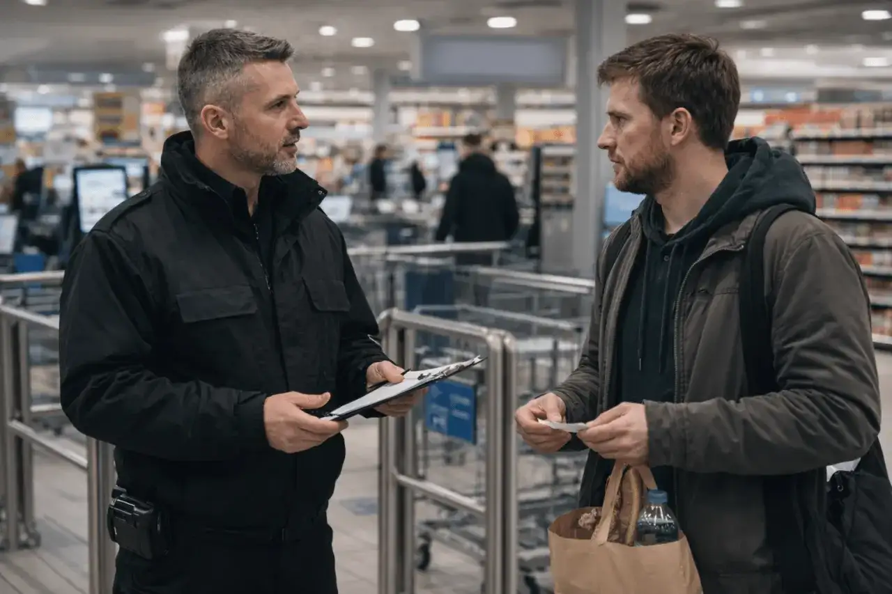 Ochroniarz rozmawia z klientem w sklepie, trzymając teczkę.