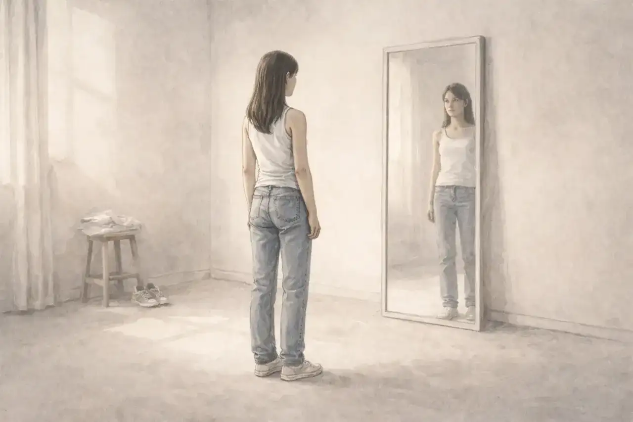 Dziewczyna w dżinsach i białej koszulce patrzy w lustro.