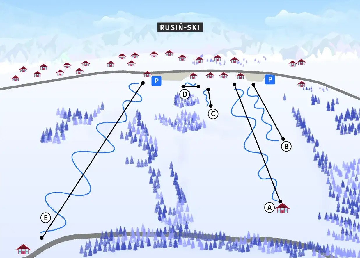Mapa ośrodka Rusin-Ski w Bukowinie Tatrzańskiej. Widoczne wyciągi narciarskie, trasy, parkingi i domki.