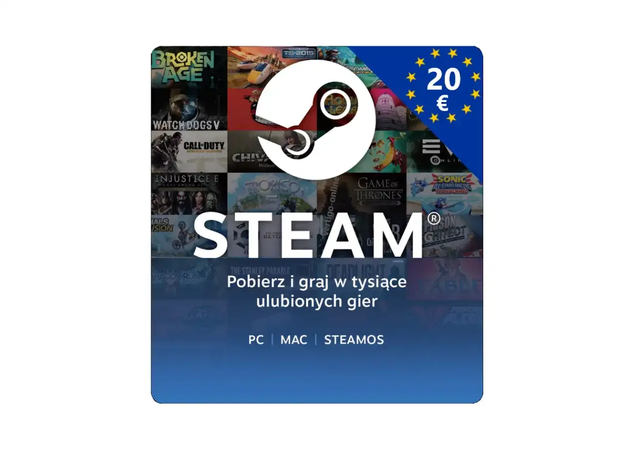 Logo Steam na tle okładki gier, z symbolem 20 euro i flagą UE.
