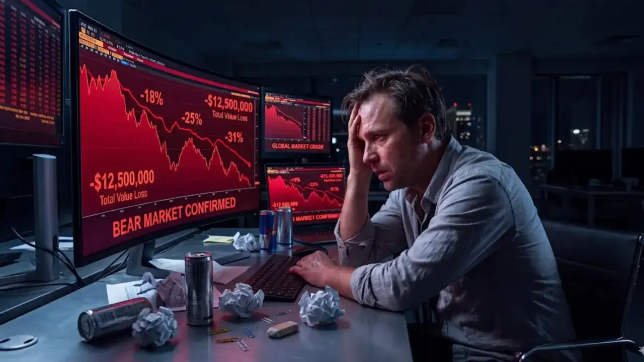 Zestresowany mężczyzna patrzy na monitory z wykresami giełdowymi pokazującymi spadki i stratę kapitału.