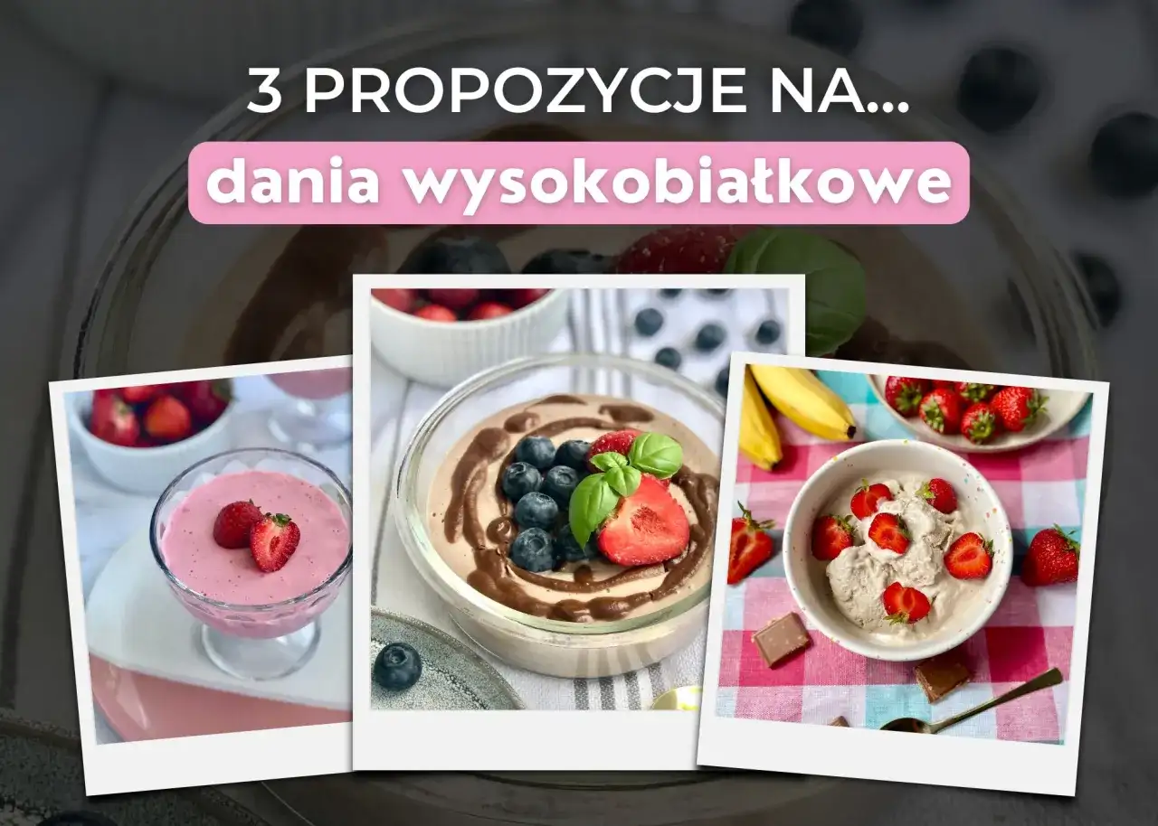 3 propozycje na pyszne dania wysokobiałkowe: mus truskawkowy, deser czekoladowy z owocami i lody z truskawkami. Idealne przepisy na dietę białkową.