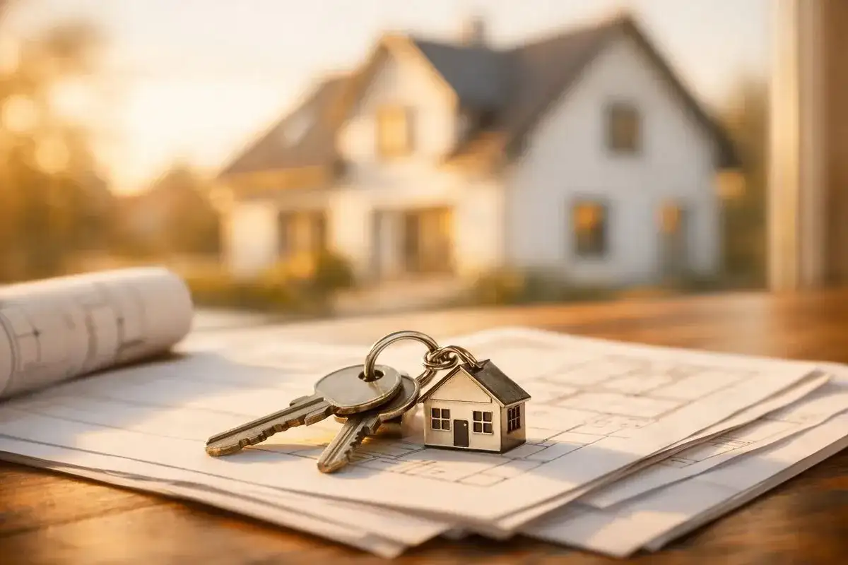 Klucze do domu z breloczkiem w kształcie domku leżą na dokumentach, symbolizując dokument potwierdzający oddanie budynku do użytkowania.