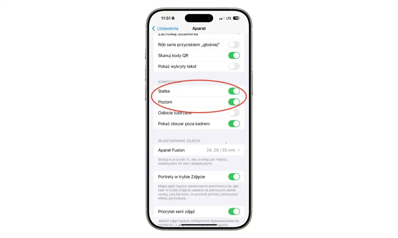 Ustawienia aparatu iPhone: jak włączyć siatkę. Włączona opcja "Siatka" ułatwia komponowanie zdjęć.