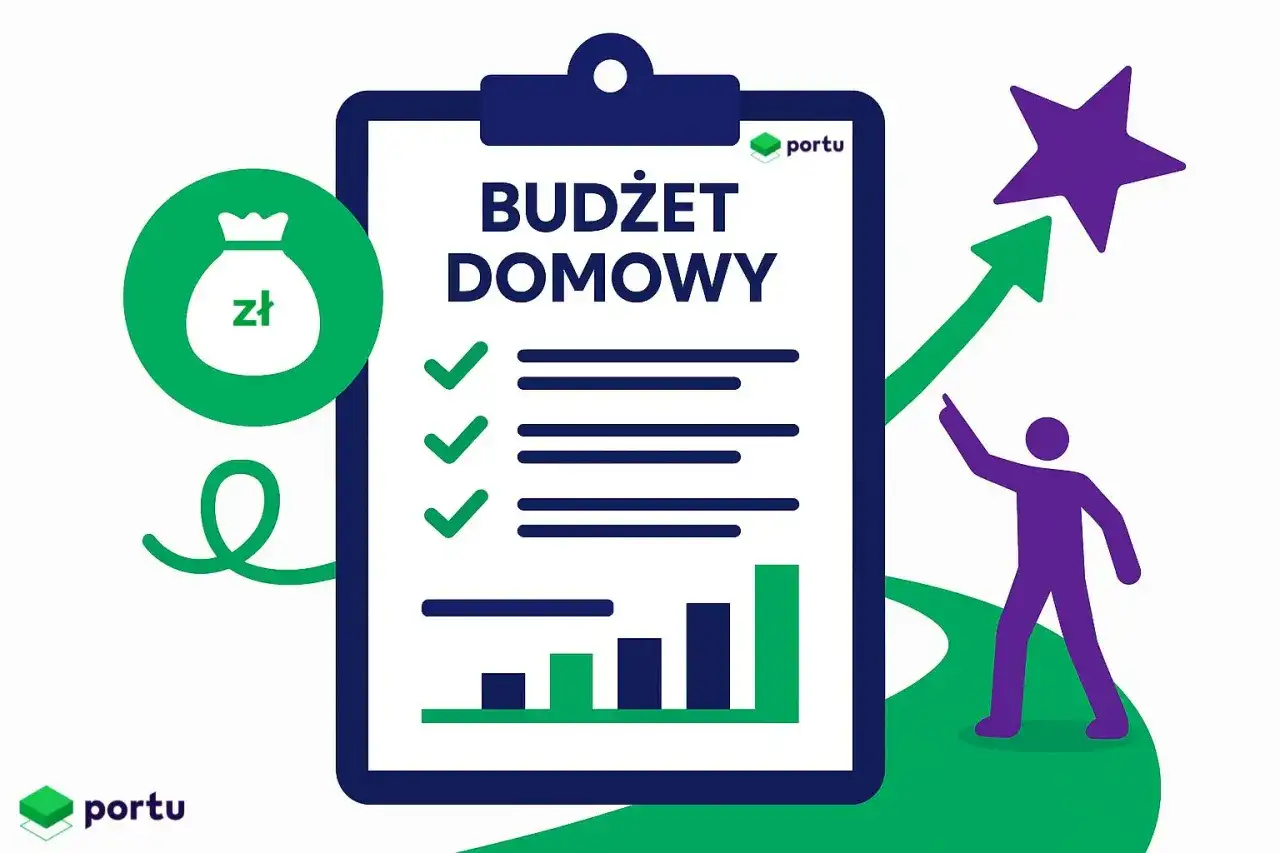 Zadbaj o swój budżet domowy! Ikona worka z pieniędzmi, lista zadań i wykresy symbolizują planowanie finansów.