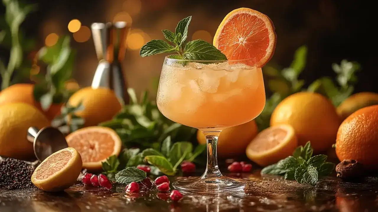 Orzeźwiający drink z plasterkiem pomarańczy i miętą. Wokół cytrusy, granaty i zioła – najlepsze techniki garnirowania drinków.