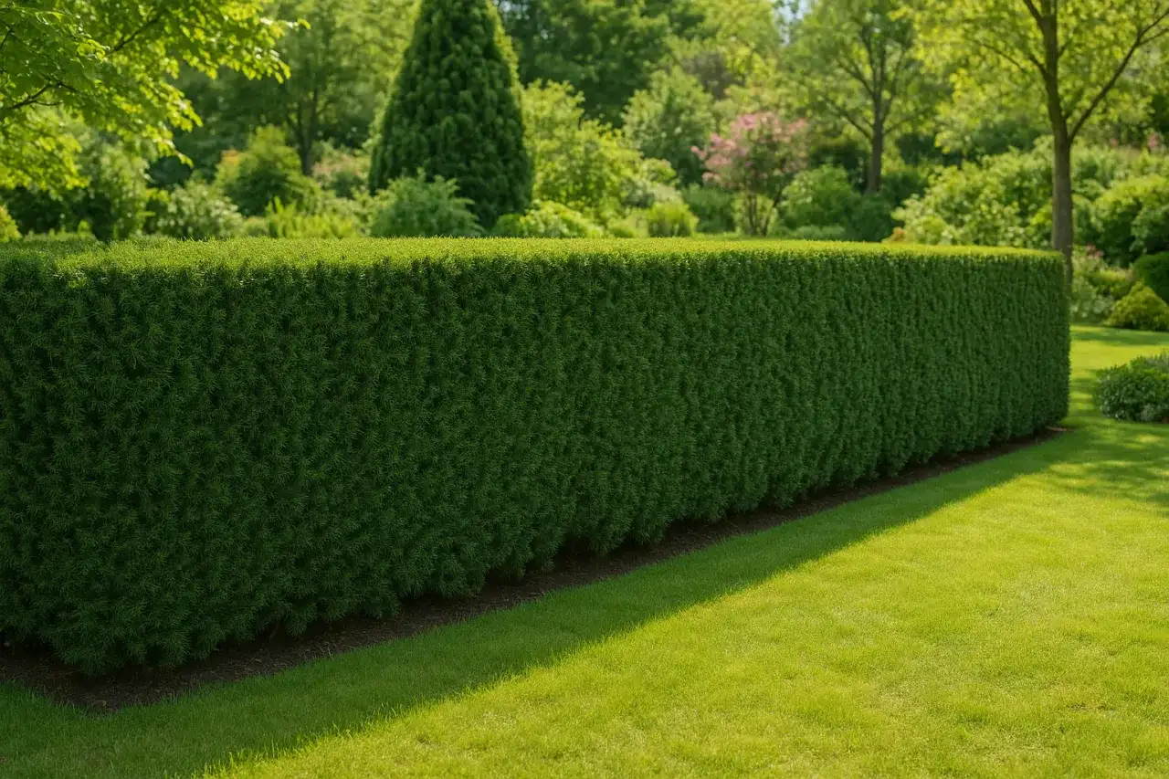 Gęsty, zielony żywopłot z cisów lub tui tworzy idealną granicę ogrodu.