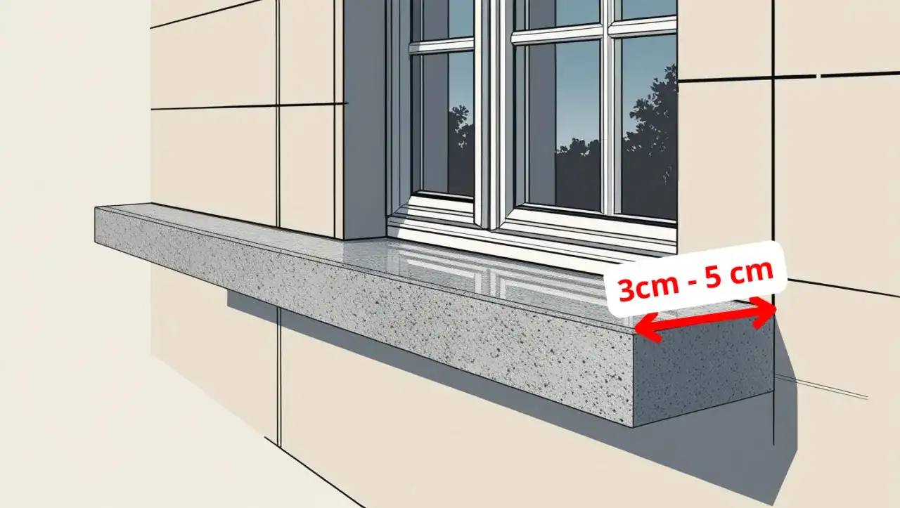 Szary parapet wystaje 3-5 cm poza ścianę.