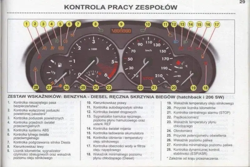 Kontrolki Peugeot 206: Interpretacja ikon na desce Peugeota 206