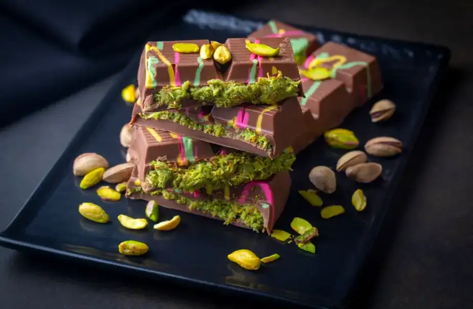 dubajska czekolada podana na talerzu z pistacjami