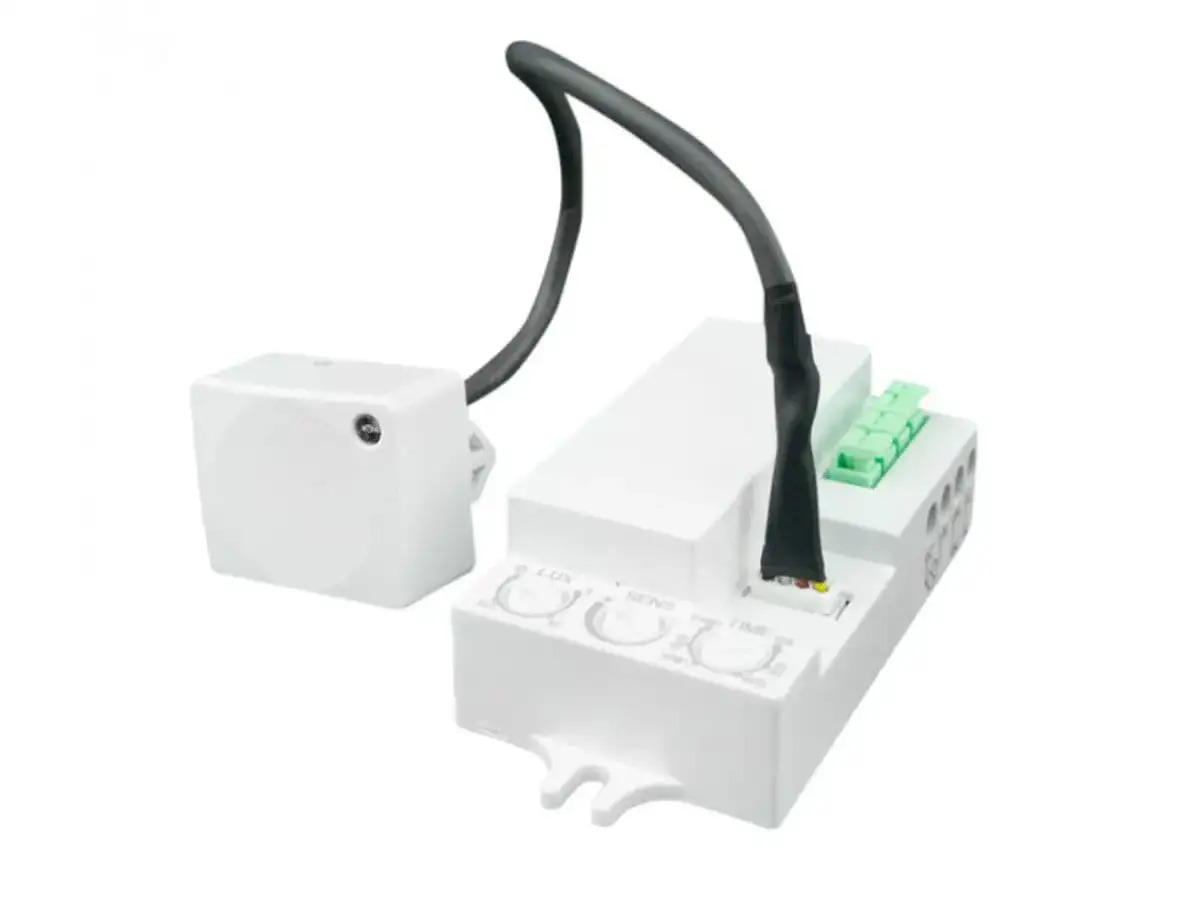 Biały mikrofalowy czujnik ruchu z regulacją LUX, SENS i TIME.