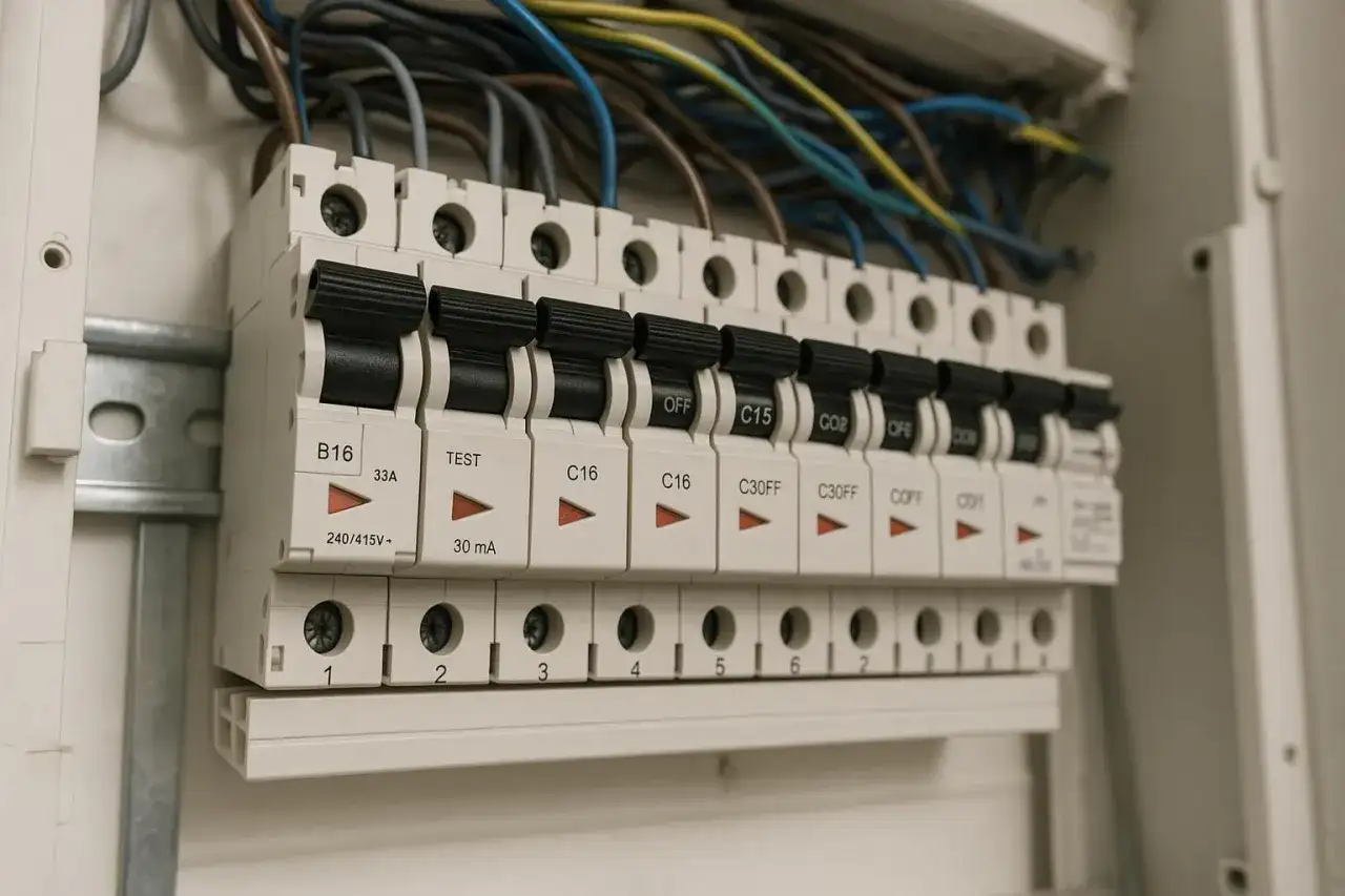 Szukasz informacji, jaki bezpiecznik do siły? Na zdjęciu widać rozdzielnicę elektryczną z bezpiecznikami o różnej wartości prądowej, np. B16, C16, C30FF.