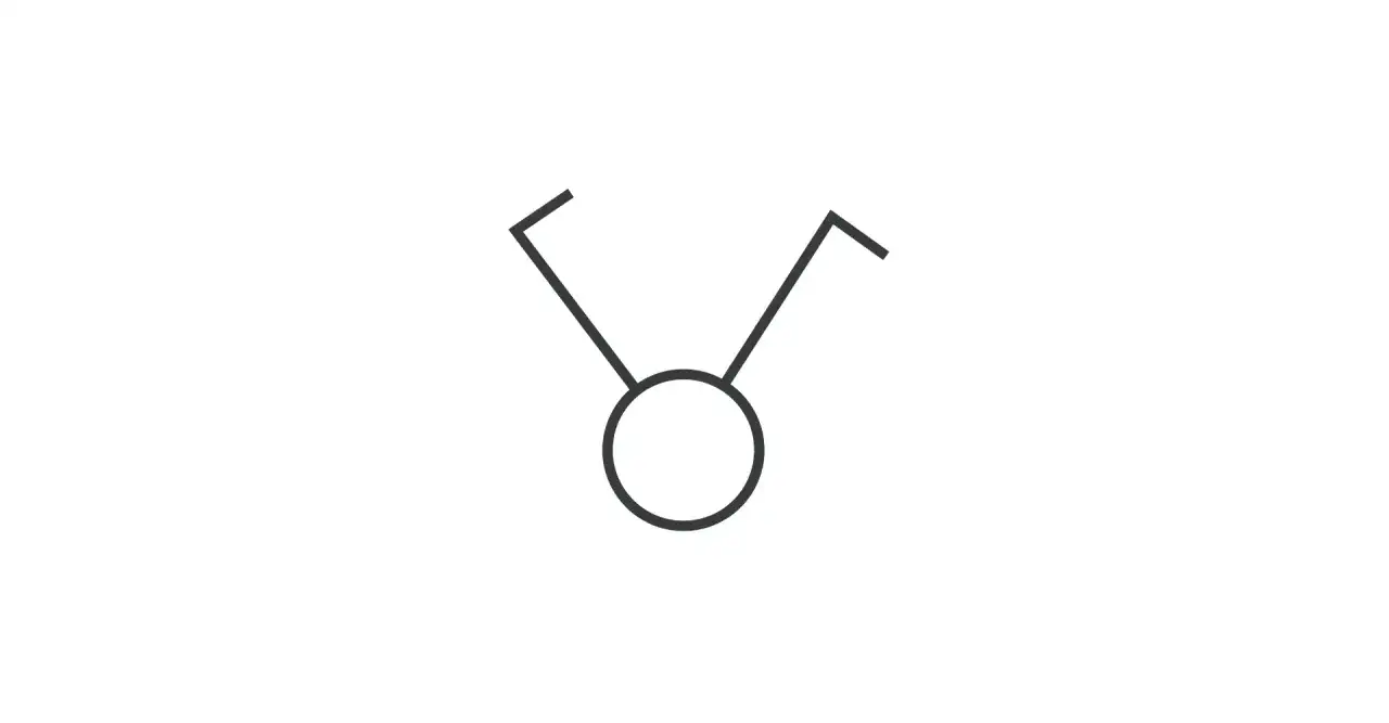 Symbol wyłącznika schodowego: okrąg z dwoma ramionami skierowanymi ku górze, przypominający literę "V" lub anteny.