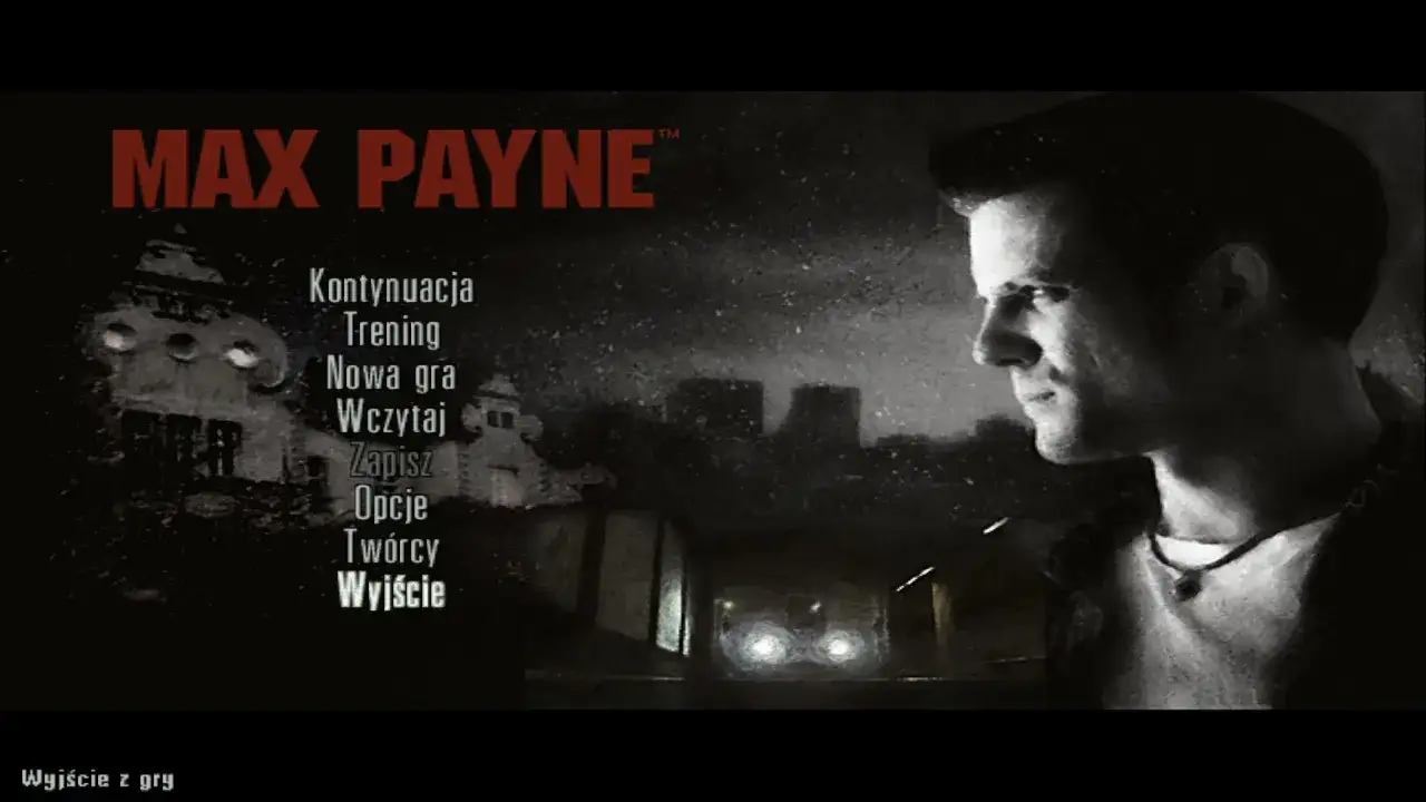 Menu gry Max Payne 2 z opcjami: Kontynuacja, Trening, Nowa gra, Wczytaj, Zapisz, Opcje, Twórcy, Wyjście. W tle Max Payne i mroczne miasto. Spolszczenie gry.