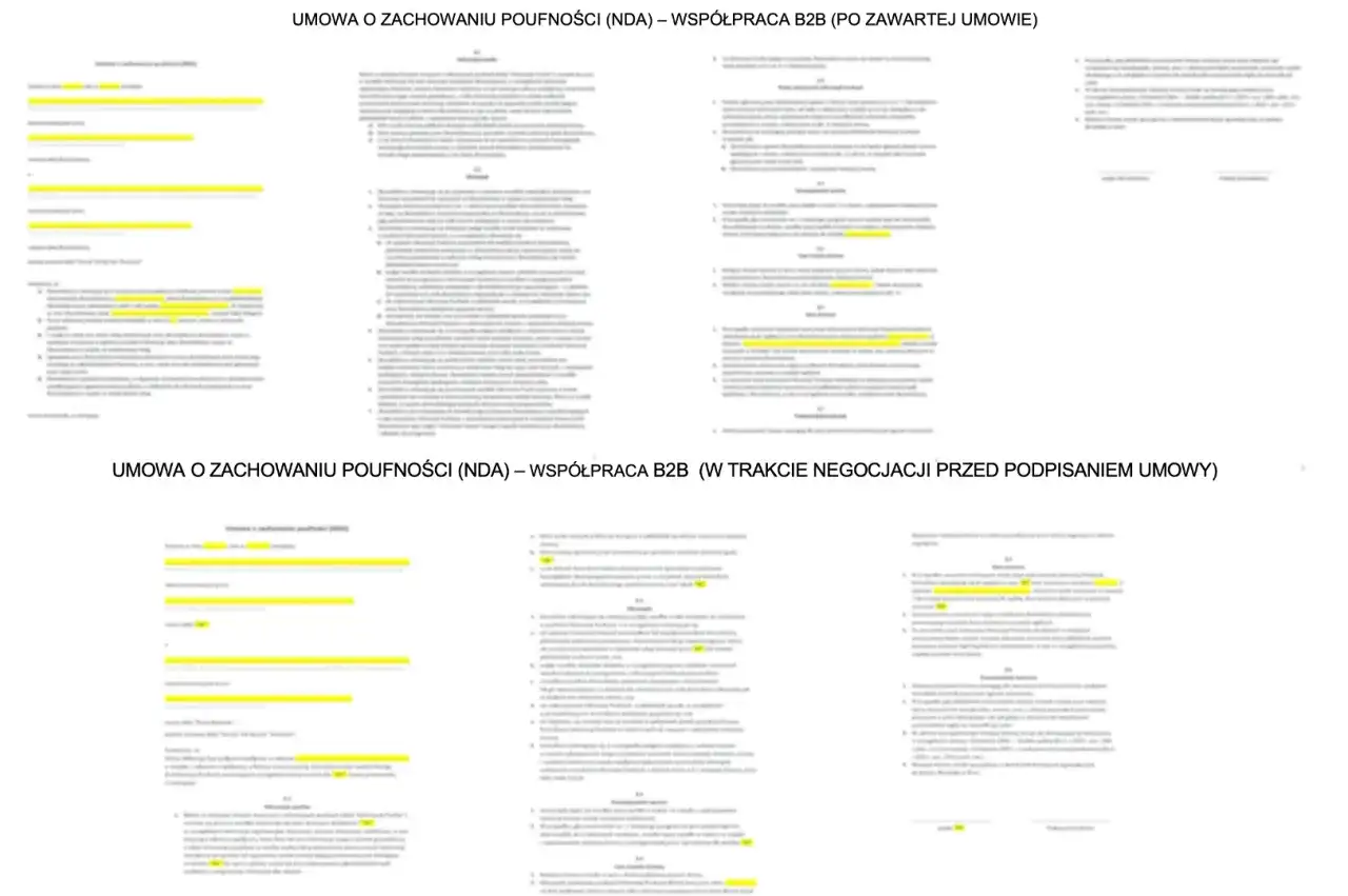 Dwa dokumenty z tekstem, jeden zatytułowany "Umowa o zachowaniu poufności (NDA) – współpraca B2B (po zawartej umowie)", drugi "Umowa o zachowaniu poufności (NDA) – współpraca B2B (w trakcie negocjacji przed podpisaniem umowy)". Widoczny jest wzór umowy...