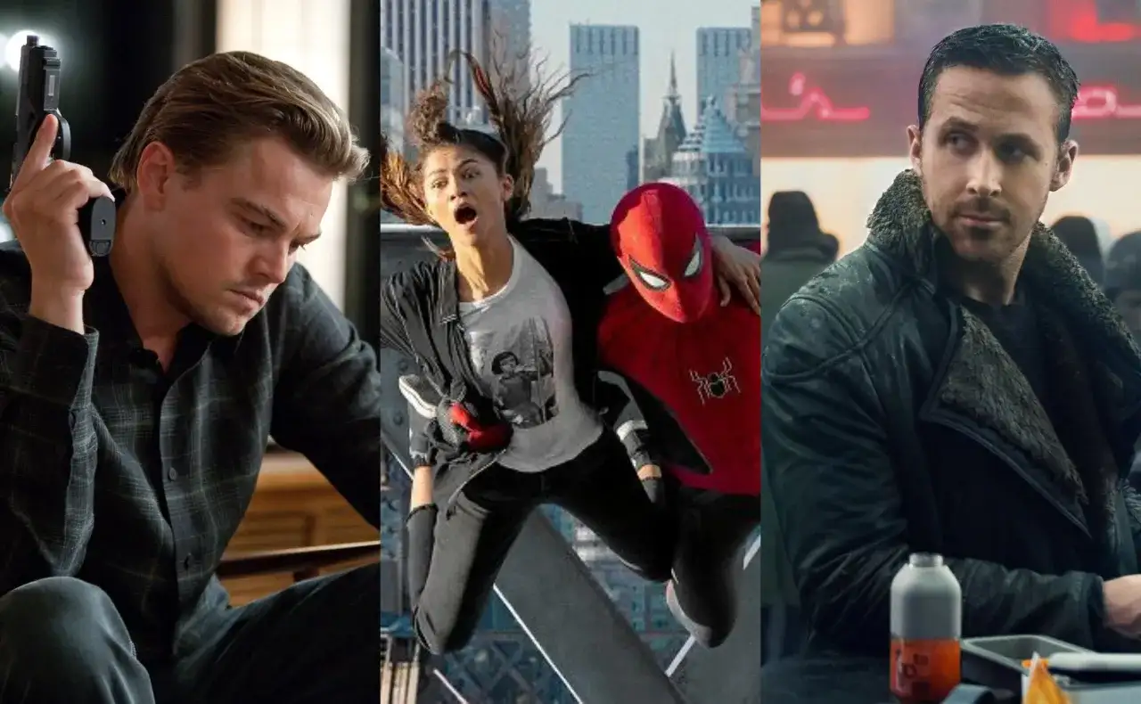 Trzy kadry z filmów science fiction: Leonardo DiCaprio z pistoletem, Spider-Man z Zendayą, Ryan Gosling.