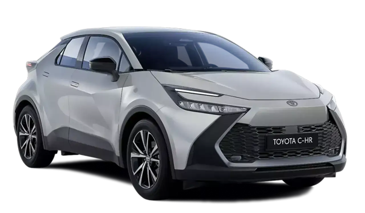 Srebrna Toyota C-HR Hybrid z przodu, na białym tle.