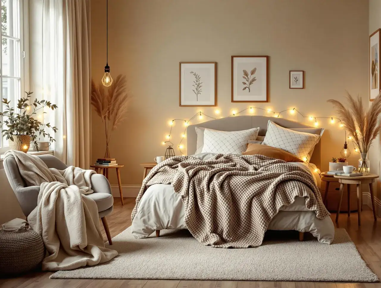 Przytulna sypialnia z łóżkiem, fotelem, obrazkami na ścianie i girlandą świetlną.