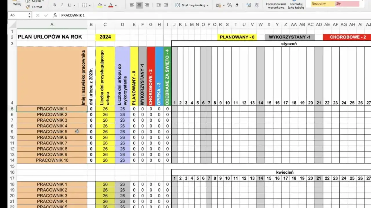 Arkusz kalkulacyjny "Plan urlopów na rok 2024" pokazuje, czy plan urlopów jest wiążący. Widoczne są kolumny z nazwami pracowników, liczbą dni urlopu, wykorzystaniem i planowaniem.